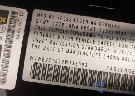 2009 Volkswagen Gti 2-Door from USA, damaged, VIN WVWEV71K39W135693